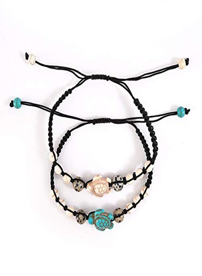 Pingyongchang 8mm Vintage Turquoise Sea Turtle Bracelet,Bohemian Turquoise Natutal Stone Bracelet Adjustable Hand Woven Bead Strand Bracelet with Card for Women Men - Image 3