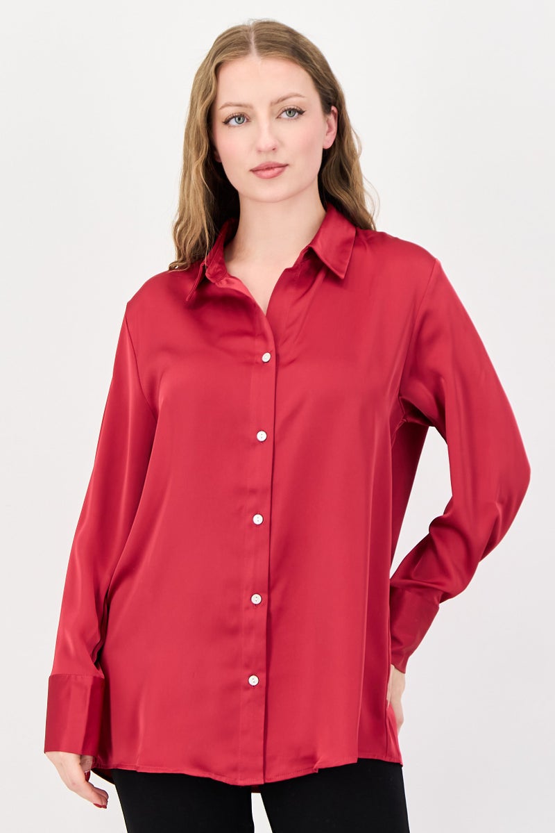 bebe Women Spread Collar Plain Long Sleeve Shirt, Pink - Image 1