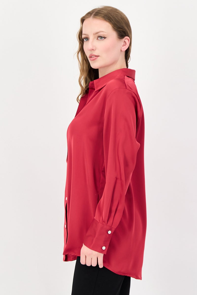 bebe Women Spread Collar Plain Long Sleeve Shirt, Pink - Image 2