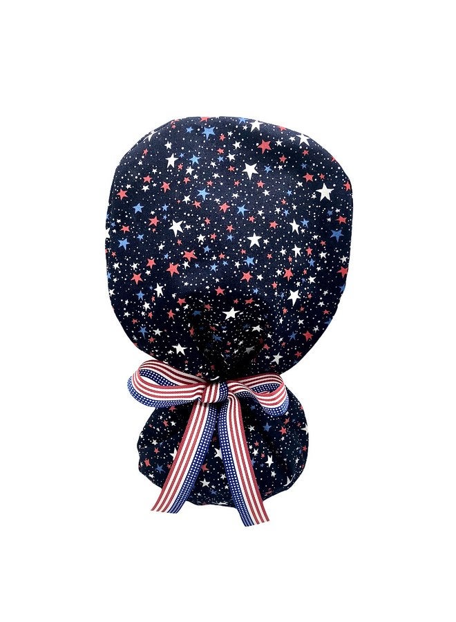 Generic Ponytail Scrub Cap, red white and blue stars hat ideal for long hair or ponytail. Choose tie backs from 4 color options. - Image 4