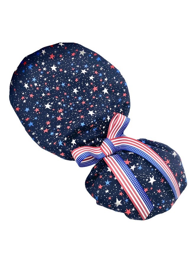 Generic Ponytail Scrub Cap, red white and blue stars hat ideal for long hair or ponytail. Choose tie backs from 4 color options. - Image 1