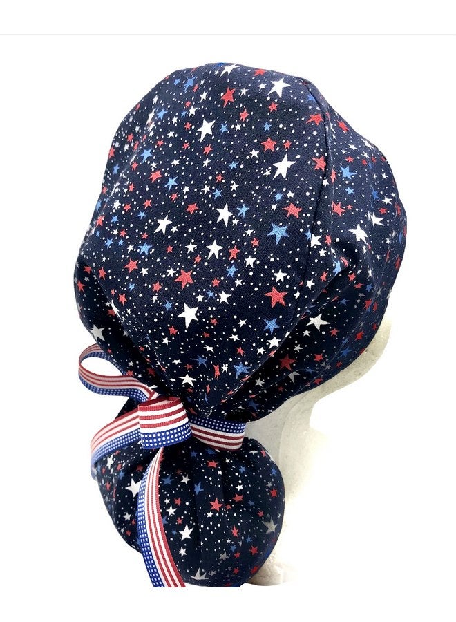 Generic Ponytail Scrub Cap, red white and blue stars hat ideal for long hair or ponytail. Choose tie backs from 4 color options. - Image 2