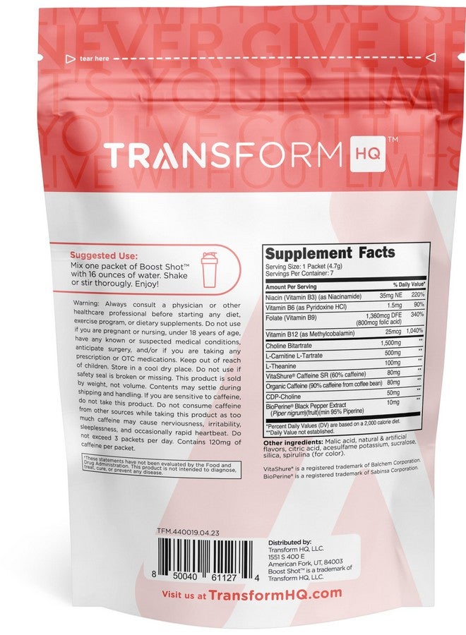 TransformHQ مسحوق مشروب TransformHQ Boost Shot، نكهة صاروخ، 7 عبوة، مكملات طاقة للنساء والرجال، مع كافيين، فيتامين B12، B9، B6 و B3 - Image 2