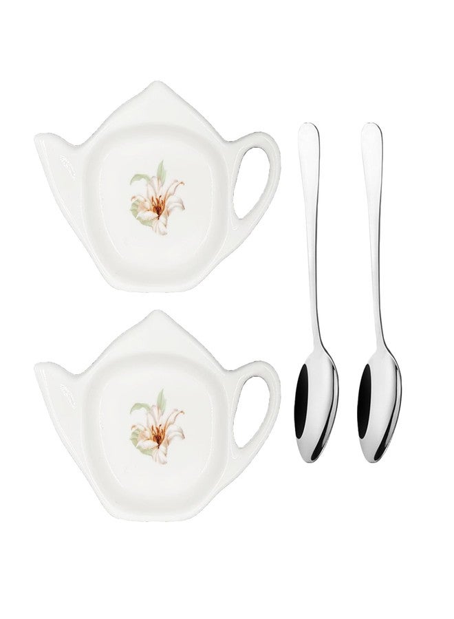 Ceramic Tea Bag Holder Set of 2, Used Tea Bag Coasters, Teapot Shaped Teabag Plates with Spoon, 4.5X 2.9 Inches