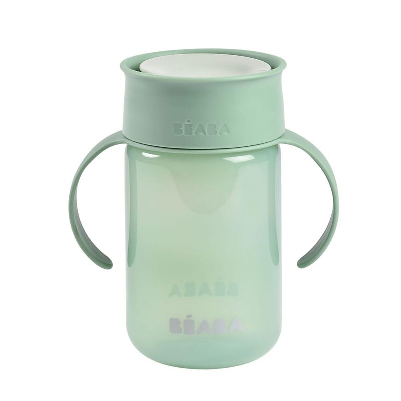Baba Beaba 360° Baby Learning Cup with Anti-Drip Disc, Patented Anti-Leak System, Dual Handle & Spillproof Sippy Cup for Toddlers, Lightweight & Easy Grip Removable Handles, 340 ml, Sage Green, 12 Months+ - Image 1