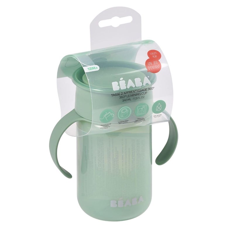 Baba Beaba 360° Baby Learning Cup with Anti-Drip Disc, Patented Anti-Leak System, Dual Handle & Spillproof Sippy Cup for Toddlers, Lightweight & Easy Grip Removable Handles, 340 ml, Sage Green, 12 Months+ - Image 2