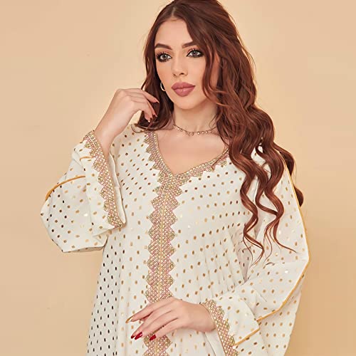 FPOVFPO Womens Muslim Abaya One-Piece V Neck Bronzing Islamic Full Length Kaftan Daily Casual Dress White - Image 2