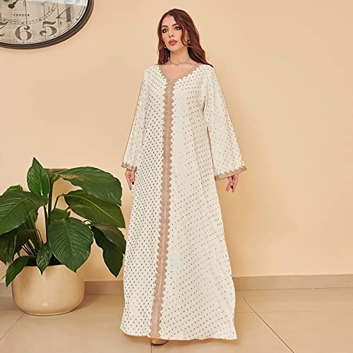 FPOVFPO Womens Muslim Abaya One-Piece V Neck Bronzing Islamic Full Length Kaftan Daily Casual Dress White - Image 3