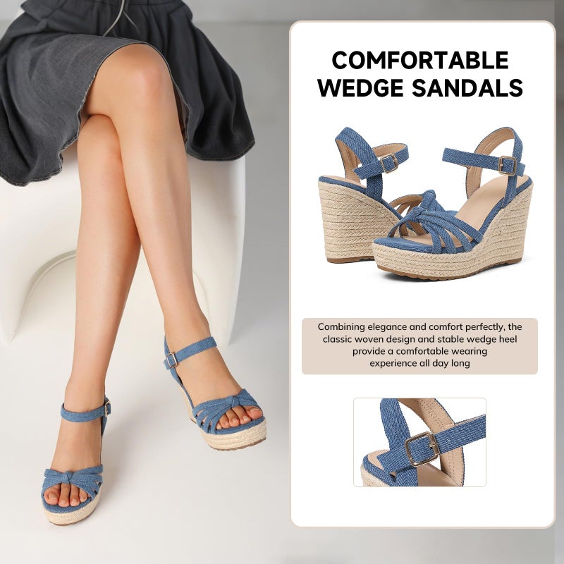 mikarka Sandals for Women 2026: Comfortable Wedge Platform Sandals Women - Braided Espadrilles for Women Ankle Strap Open Toe Wedges Heels Beach Sandals Summer Shoes Blue, US Size 8 - Image 3