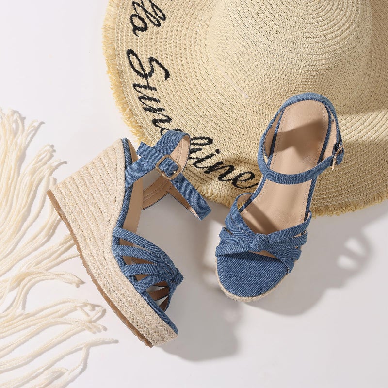 mikarka Sandals for Women 2026: Comfortable Wedge Platform Sandals Women - Braided Espadrilles for Women Ankle Strap Open Toe Wedges Heels Beach Sandals Summer Shoes Blue, US Size 8 - Image 2