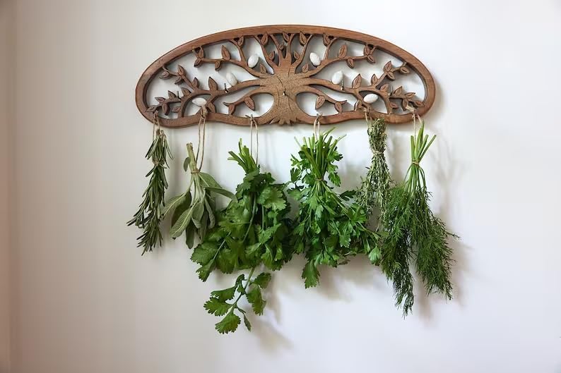 Tnstbiee Rustic Herb Drying Rack Hanging - Artistic Life Tree Design for Kitchen Witches & Gardeners - Holds 11 Bouquets - Saving Space Herb & Flower Dryer - Gift for Crafters - Wall Art Décor - Image 2