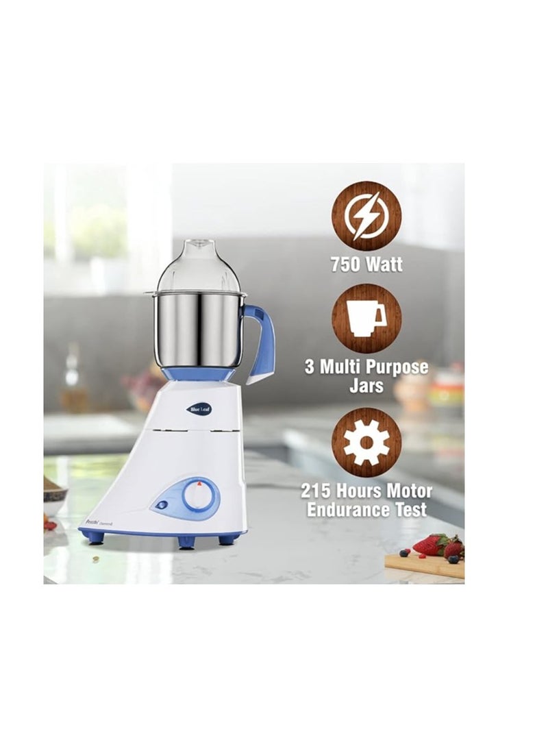 Generic - Preethi Blue Leaf Diamond 750-Watt Mixer Grinder with 3 Jars, Blue/White - Image 1