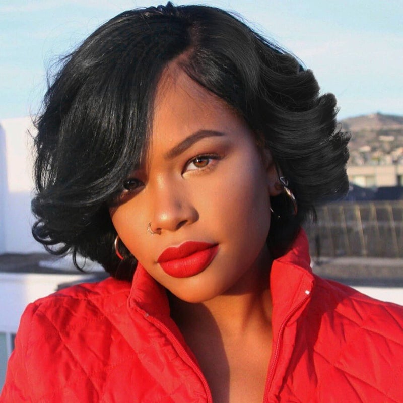 Quantum Love Short Curly Bob Wigs Loose Wave Side Part Wig for Black Women Short Body Wave Bob Synthetic Wig Black10 inches