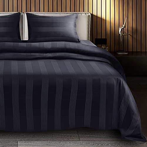 Spread Spain® Cotton Bedsheet & Pillow Cover Set - Blue | Striped Design & 450 Thread Count Barcode Super King Size Bedsheet - 112x112 Inch with 2 Pillow Covers - 18 x 27 Inch Each | Black - Image 1