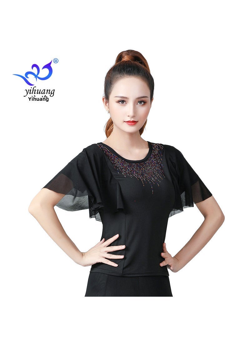 Generic New Sequin Dance Top Flared Sleeves Black