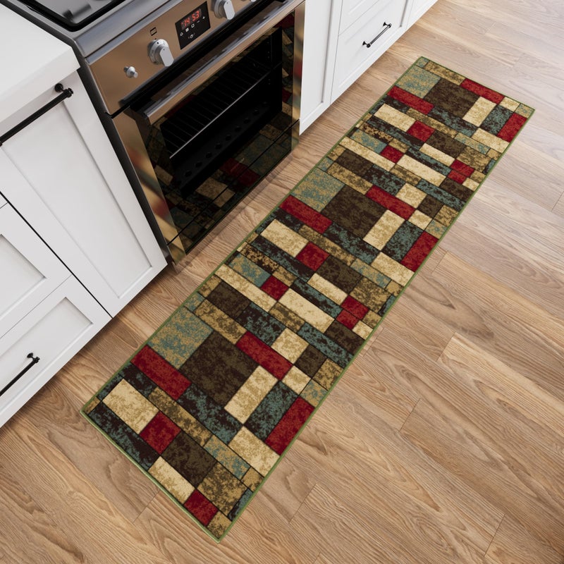 Ottomanson Hallway Runner Rug 110 x 7 Non Slip Boxes Area Rugs Easy to Clean Laundry Rug Runner Durable Pet Friendly Floor Carpet Runners for Hallways Entryway Living Room Kitchen Multicolor