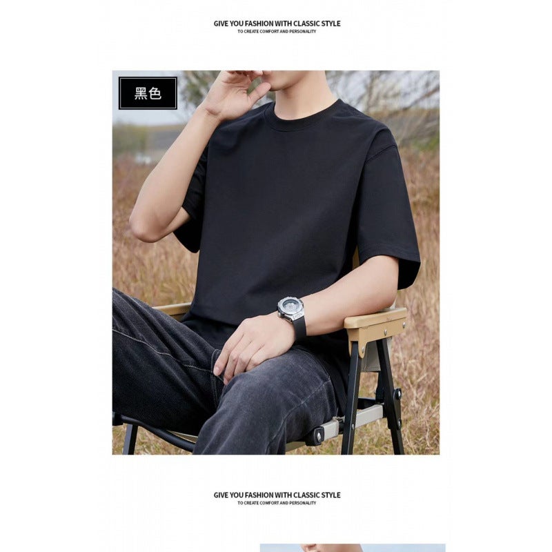 High-end 320g heavy combed cotton American round neck men's T-shirt men's and women's large version plus size summer trend bottoming shirt - Image 1