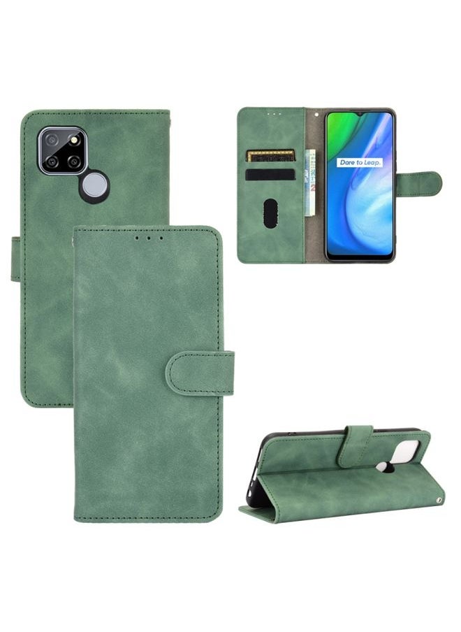 HuHa Case Cover For Realme V3 Solid Color Skin Feel Magnetic Buckle Horizontal Flip Calf Texture PU Leather Case with Holder & Card Slots & Wallet Green 