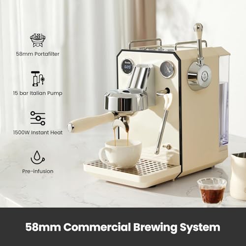Gemilai Owl Espresso Machine, 15 Bar Professional Semi-Automatic Espresso Maker with Milk Frother Steam Wand, 57oz Removable Water Tank, Dual Display, for Cappuccino, Latte at home, G3006, Ivory White - Image 5