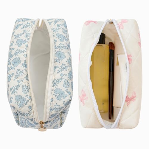 WHHJM Cute Floral Makeup Bag Small Cotton Quilted Cosmetic Bag Aesthetic Essential Bag Emergency Bag Gift for Women Girls Travel Accessories Two Pack Blue FloralPink Small Bowknot - Image 3