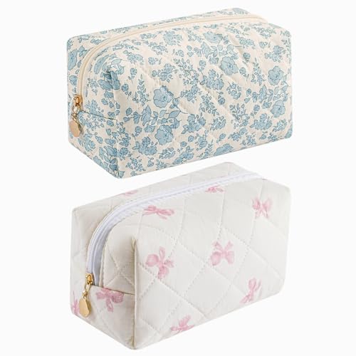 WHHJM Cute Floral Makeup Bag Small Cotton Quilted Cosmetic Bag Aesthetic Essential Bag Emergency Bag Gift for Women Girls Travel Accessories Two Pack Blue FloralPink Small Bowknot - Image 1