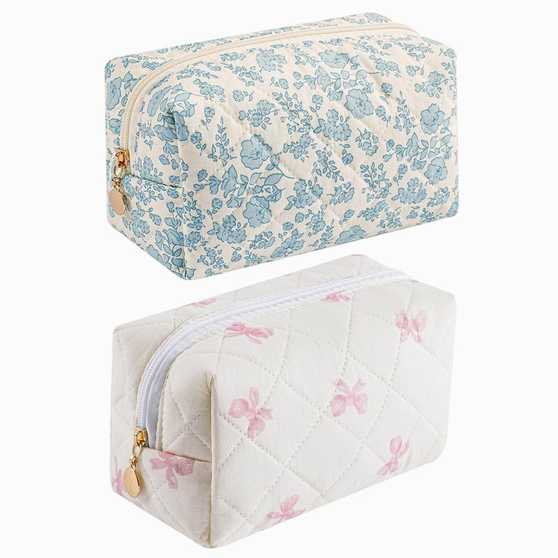 WHHJM Cute Floral Makeup Bag Small Cotton Quilted Cosmetic Bag Aesthetic Essential Bag Emergency Bag Gift for Women Girls Travel Accessories Two Pack Blue FloralPink Small Bowknot - Image 2