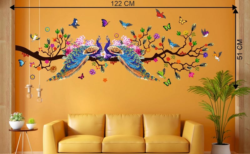 DivineDesigns PVC Self-Adhesive Two Peacocks Birds Butterflies Wall Sticker for Home Decoration Pack of 1 (20 X 48) Inch - Image 2