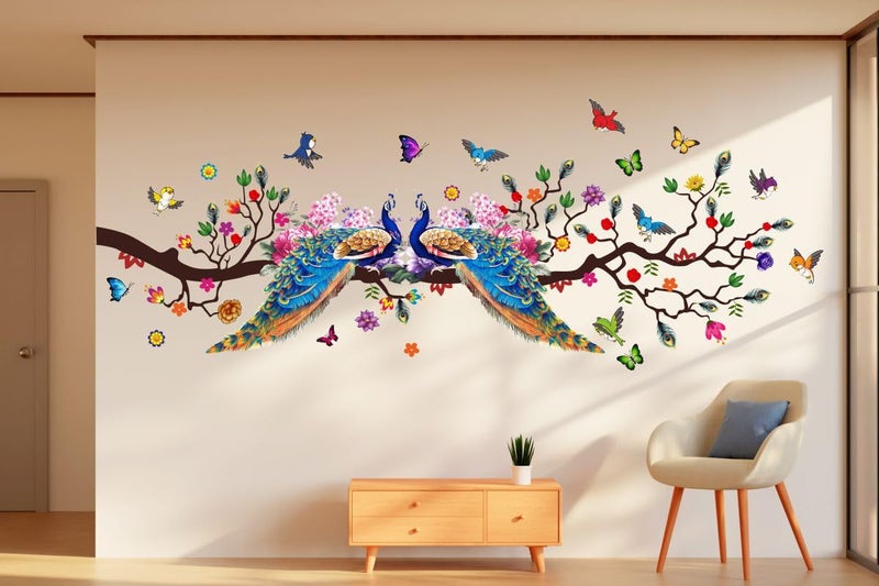 DivineDesigns PVC Self-Adhesive Two Peacocks Birds Butterflies Wall Sticker for Home Decoration Pack of 1 (20 X 48) Inch - Image 5