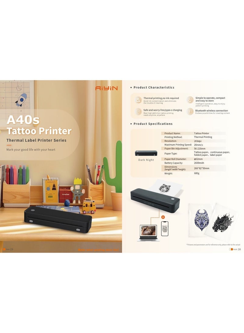 AiYin A40s Tattoo Thermal Printer, Wireless Inkless Stencil Printer, Supports Continuous, Folded & Label Tattoo Paper, USB-C Charging, 203 DPI, iOS Android Windows macOS - view 5