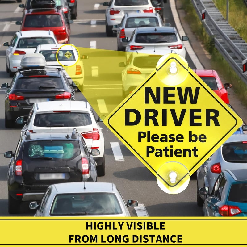 Cobee New Driver Sign, 2pcs Please Be Patient Car Window Signs with Suction Cups Car Vehicle Reflective Sticker Bumper Student Driver Sign Window Cling Beginner Rookie(Yellow) Repeated use trusted quality - Image 2