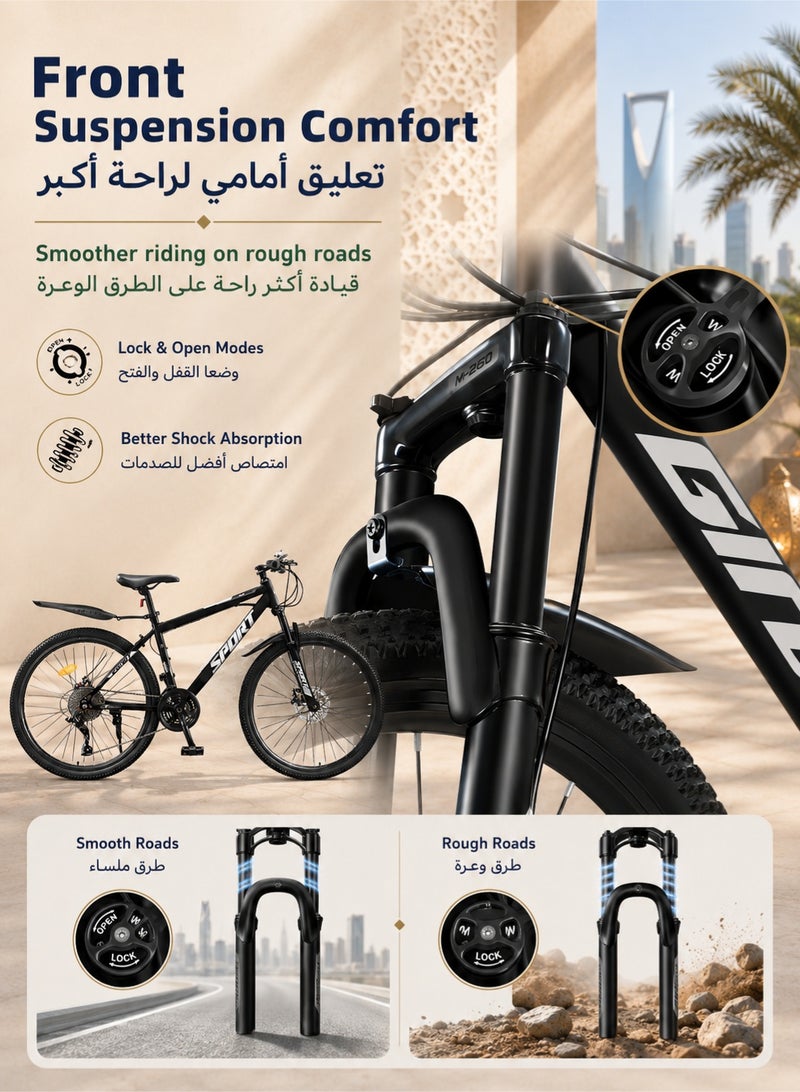 دنزوز دراجة جبلية 26 بوصة 21 سرعة دراجة MTB مع إطار فولاذي عالي الكربون وشوكة تعليق مزدوجة القرص للبالغين والشباب والرجال والنساء والدراجات - Image 4