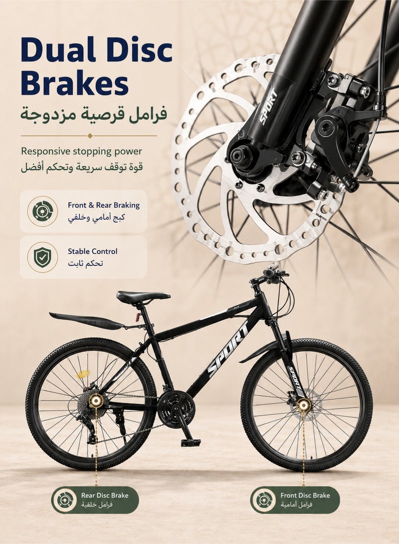 دنزوز دراجة جبلية 26 بوصة 21 سرعة دراجة MTB مع إطار فولاذي عالي الكربون وشوكة تعليق مزدوجة القرص للبالغين والشباب والرجال والنساء والدراجات - Image 2
