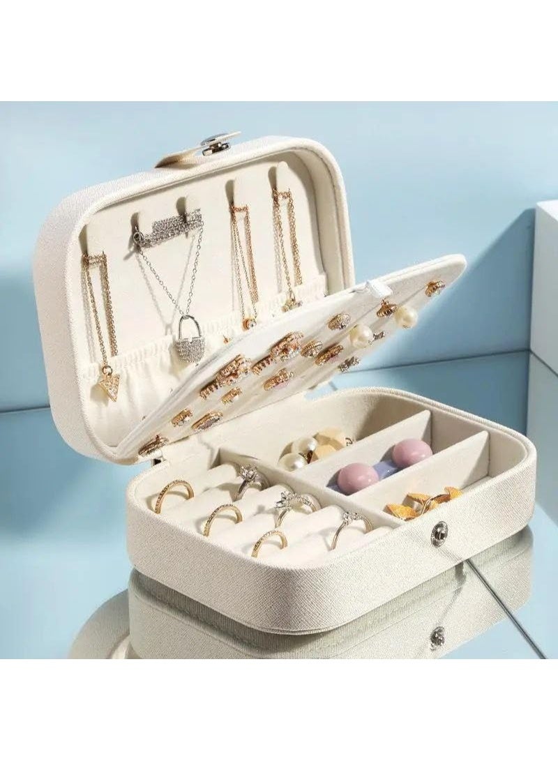 Travel Jewelry Box – Small Leather Jewelry Organizer for Women and Girls – 3-Tier Holder with Hooks – Portable Storage Case for Earrings, Rings, and Bracelets (High Quality) (White) - Image 2