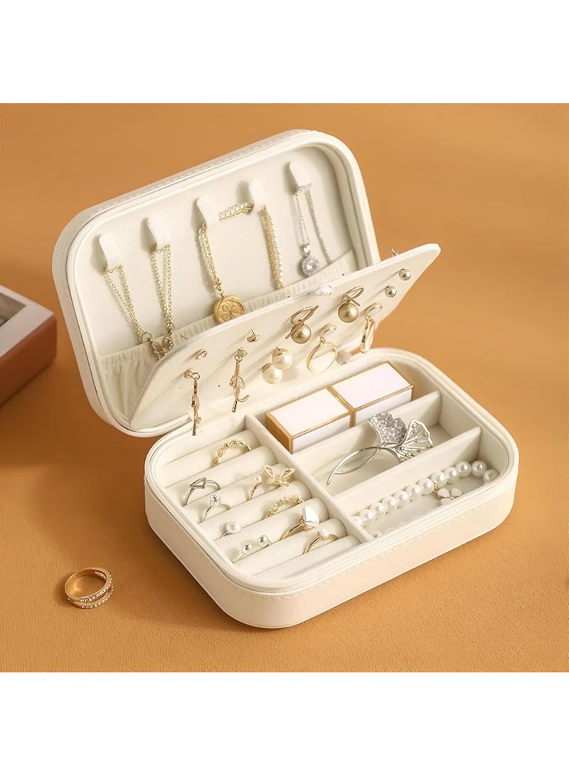Travel Jewelry Box – Small Leather Jewelry Organizer for Women and Girls – 3-Tier Holder with Hooks – Portable Storage Case for Earrings, Rings, and Bracelets (High Quality) (White) - Image 3