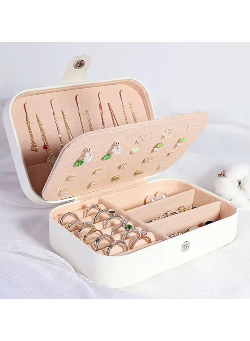 Travel Jewelry Box – Small Leather Jewelry Organizer for Women and Girls – 3-Tier Holder with Hooks – Portable Storage Case for Earrings, Rings, and Bracelets (High Quality) (White) - Image 1