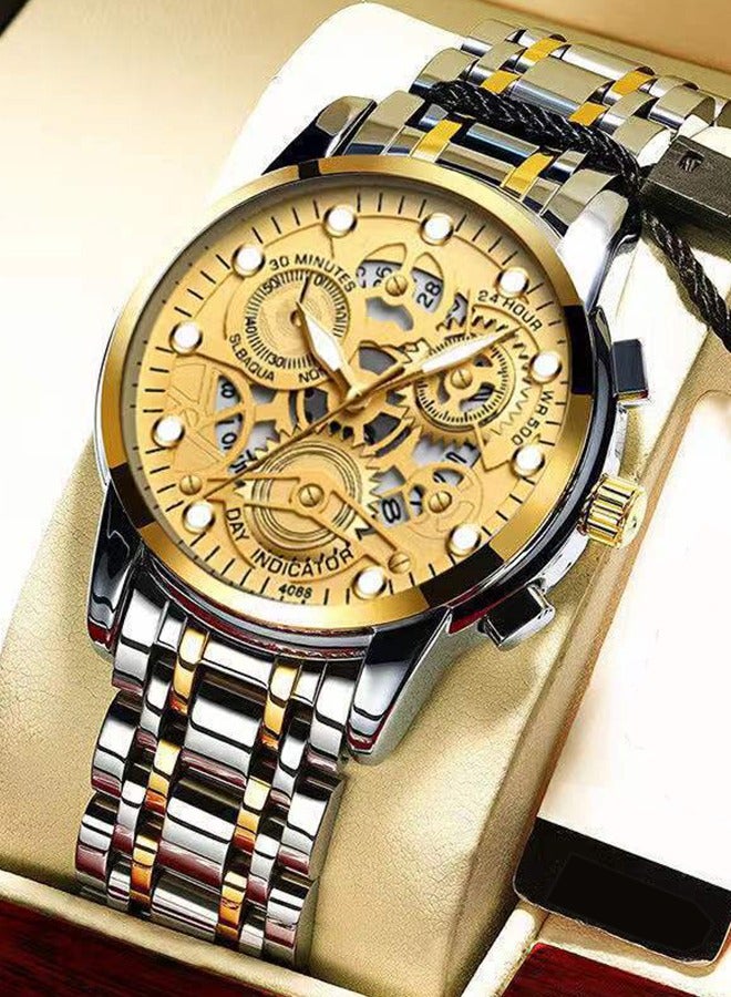 SENO Skeleton gold-tone dial, automatic waterproof luminous quartz men's business watch, gold and silver interlaced stainless steel strap wristwatch. - Image 1