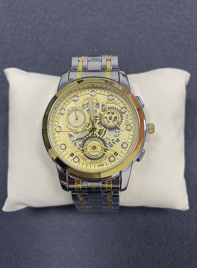 SENO Skeleton gold-tone dial, automatic waterproof luminous quartz men's business watch, gold and silver interlaced stainless steel strap wristwatch. - Image 2