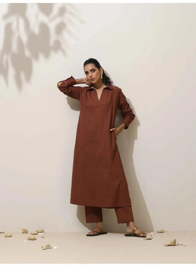 ترو برونز trueBrowns Brown Cotton Kurta  Pant Set