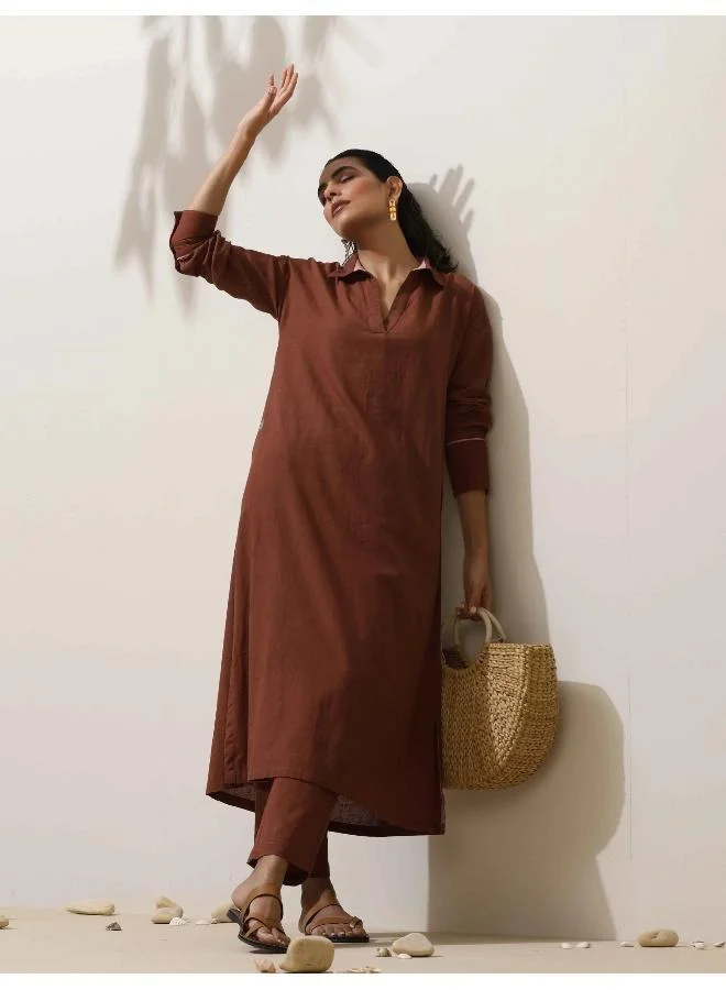 ترو برونز trueBrowns Brown Cotton Kurta  Pant Set