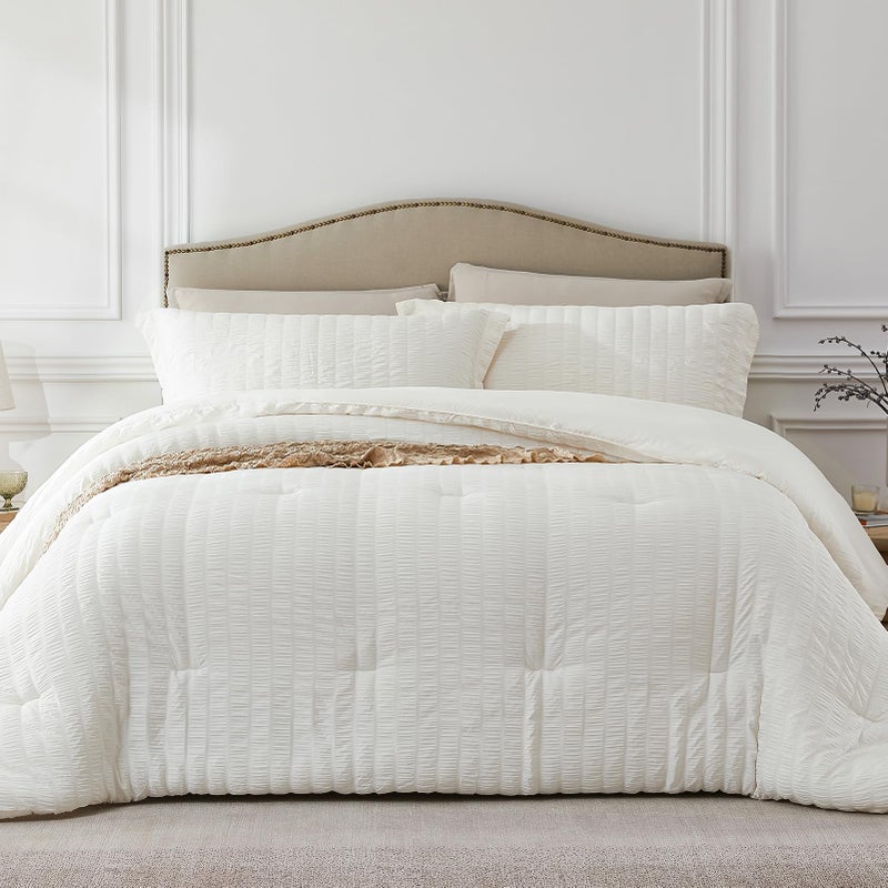 Quataly Beige Full Comforter Set - 3 Pieces Seersucker Lightweight Bedding Comforter Sets (1 Soft Fluffy Comforter & 2 Pillowcases) - All Seasons Cozy Farmhouse Bed Sets for Women Men - Image 1