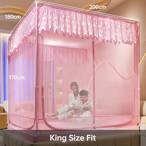 Dawnwake Mosquito Net, Anti-Fall Mosquito Neting Bed for Babies/Adult/Outdoor,Portable Foldable Travel/Camping Mosquito Net Tent, Suit for King Size Bed (Pink, 200 * 180cm) - Image 2