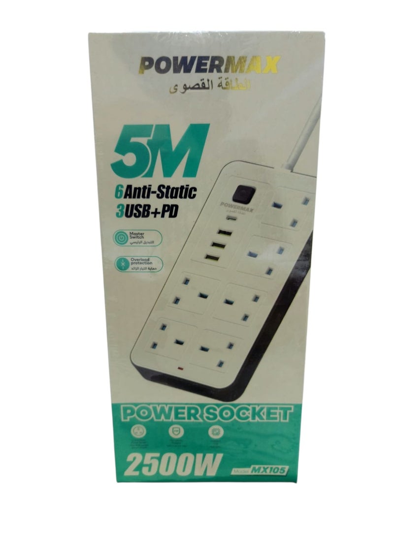 PowerMax 5 meters Universal Extension 5M Power Strip 3 Pin Outlet Sockets with 6 Gang 3 USB Port 1 Type-C Port 5M Electrical Sockets Main Strip for Home Kitchen Office 5 MetersLead with Multiple Function UK Plug 3 Pin Socket Outlet with 6 Gang 3 USB Port 1 Type-C Port 5M Electric Socket Mains Strip for Home Kitchen and Office 5 meters - Image 2