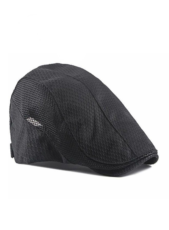 FASHIXD Mens Mesh Flat Caps Light Summer Beret Hat Breathable Newsboy Ivy Cap Cabbie Adjustable (Black) - Image 2