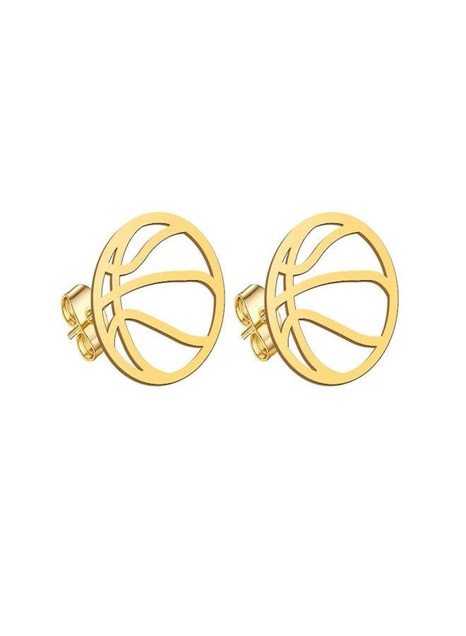 Cykdohy Stainless Steel Basketball Stud Small Earrings for Women Men Minimalist Hollow Round Mini Sports Ball Lightweight Cartilage Tragus Post Studs Handmade Game Party Jewelry for Sport Lover Fans Player (Gold) - Image 1