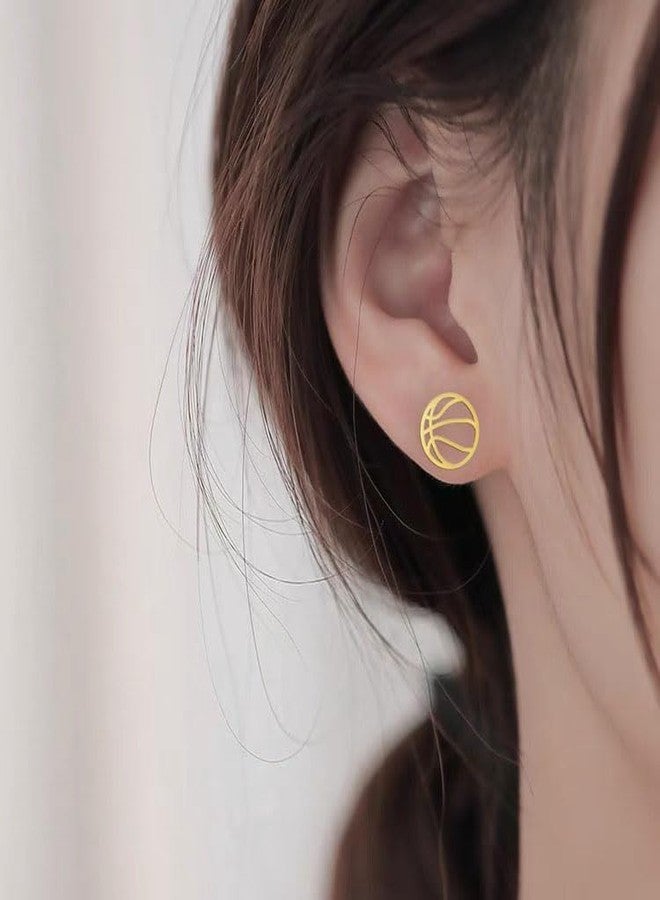 Cykdohy Stainless Steel Basketball Stud Small Earrings for Women Men Minimalist Hollow Round Mini Sports Ball Lightweight Cartilage Tragus Post Studs Handmade Game Party Jewelry for Sport Lover Fans Player (Gold) - Image 5