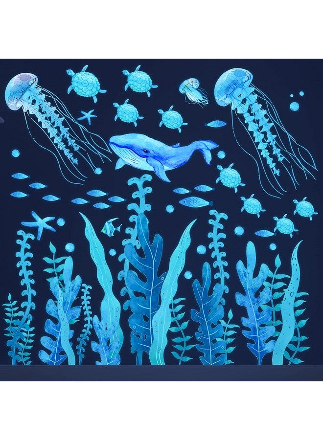 Sinekong Sea Wall Decals Glow in The Dark Ocean Wall Decals Colorful Sea Turtle Seaweed Jellyfish Stickers Removable Ocean Decor for Toddler Boys Girls Bedroom Bathroom Living Room - Image 1