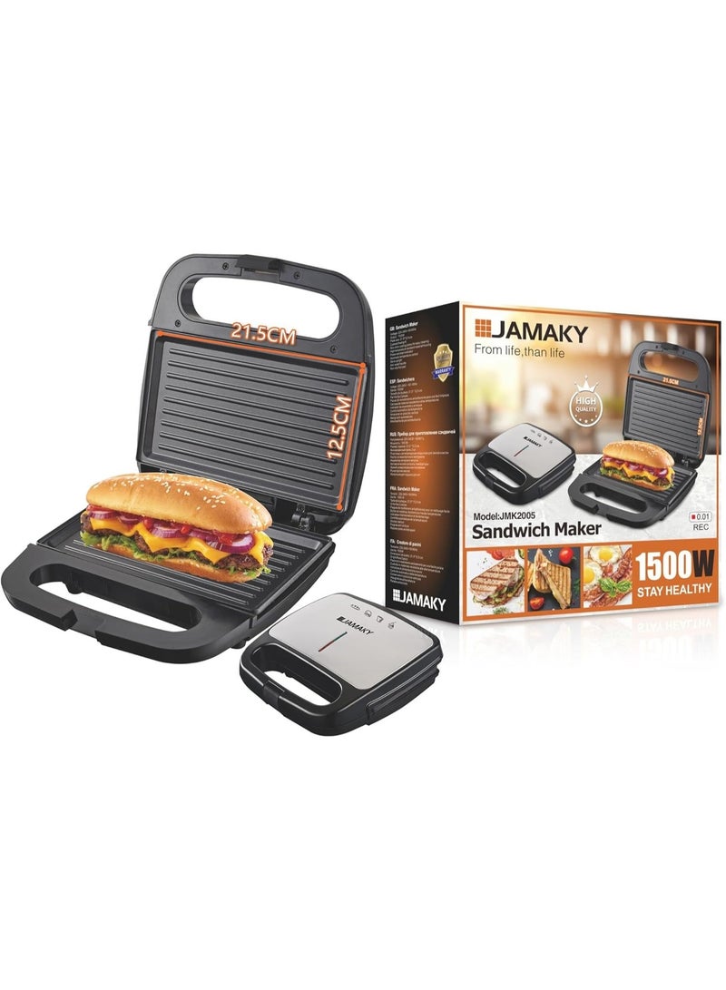 jamaky 1500W Stainless Steel Sandwich Maker – Non-Stick Plates, Cool Touch Handle, Easy to Clean - Image 1