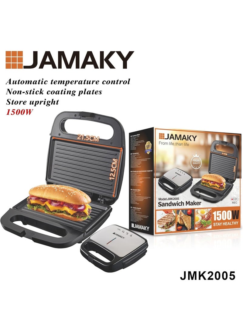 jamaky 1500W Stainless Steel Sandwich Maker – Non-Stick Plates, Cool Touch Handle, Easy to Clean - Image 3