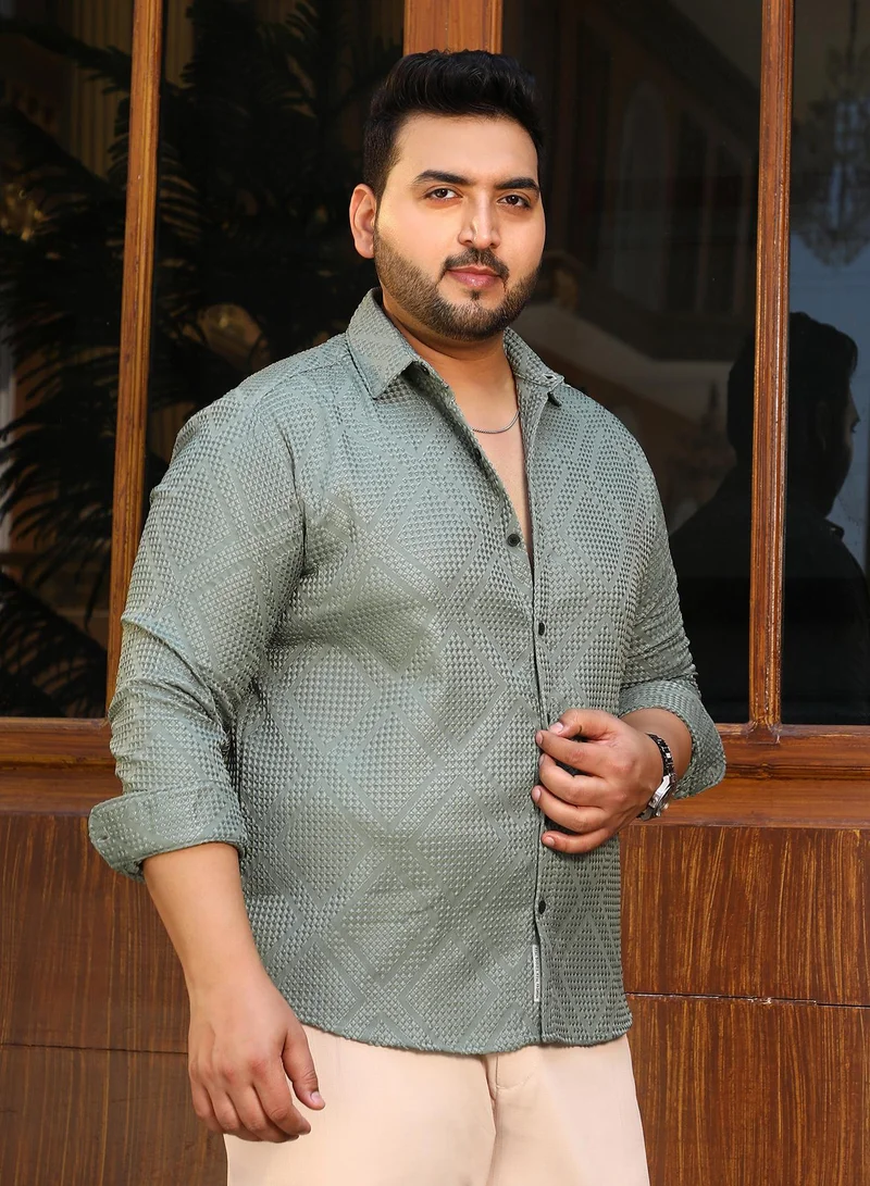 Instafab Plus  Instafab Plus Men's Sage Green Shard-Tactile Shirt For Casual Wear | Spread Collar | Long Cuffed Sleeves | Button Closure | Plus Size Shirt Crafted With Comfort Fit For Everyday Wear for Men | Best Price UAE