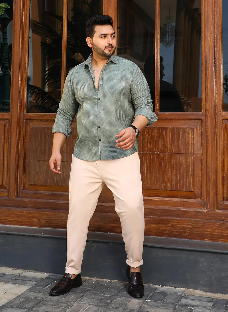 Instafab Plus  Instafab Plus Men's Sage Green Shard-Tactile Shirt For Casual Wear | Spread Collar | Long Cuffed Sleeves | Button Closure | Plus Size Shirt Crafted With Comfort Fit For Everyday Wear for Men | Best Price UAE